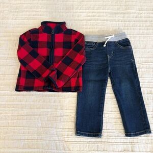 OshKosh Toddler Fleece Jacket Red Buffalo Plaid Cat & Jack Jeans 2T/3T Outfit